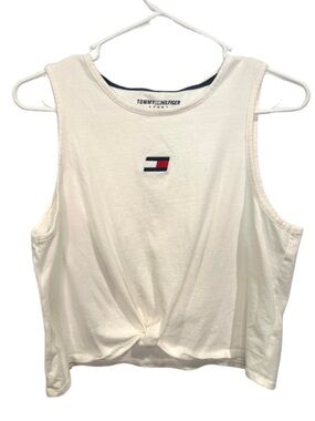 Tommy Hilfiger White Sleeveless Knot-Front Logo Tank